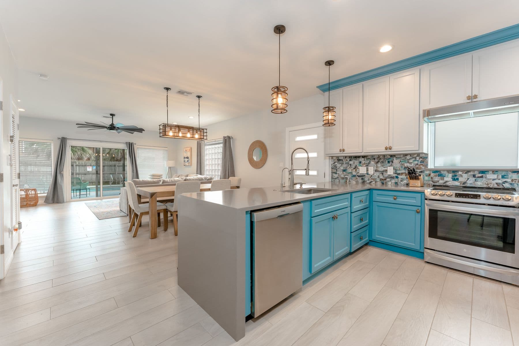 Open kitchen, dining, and living layout