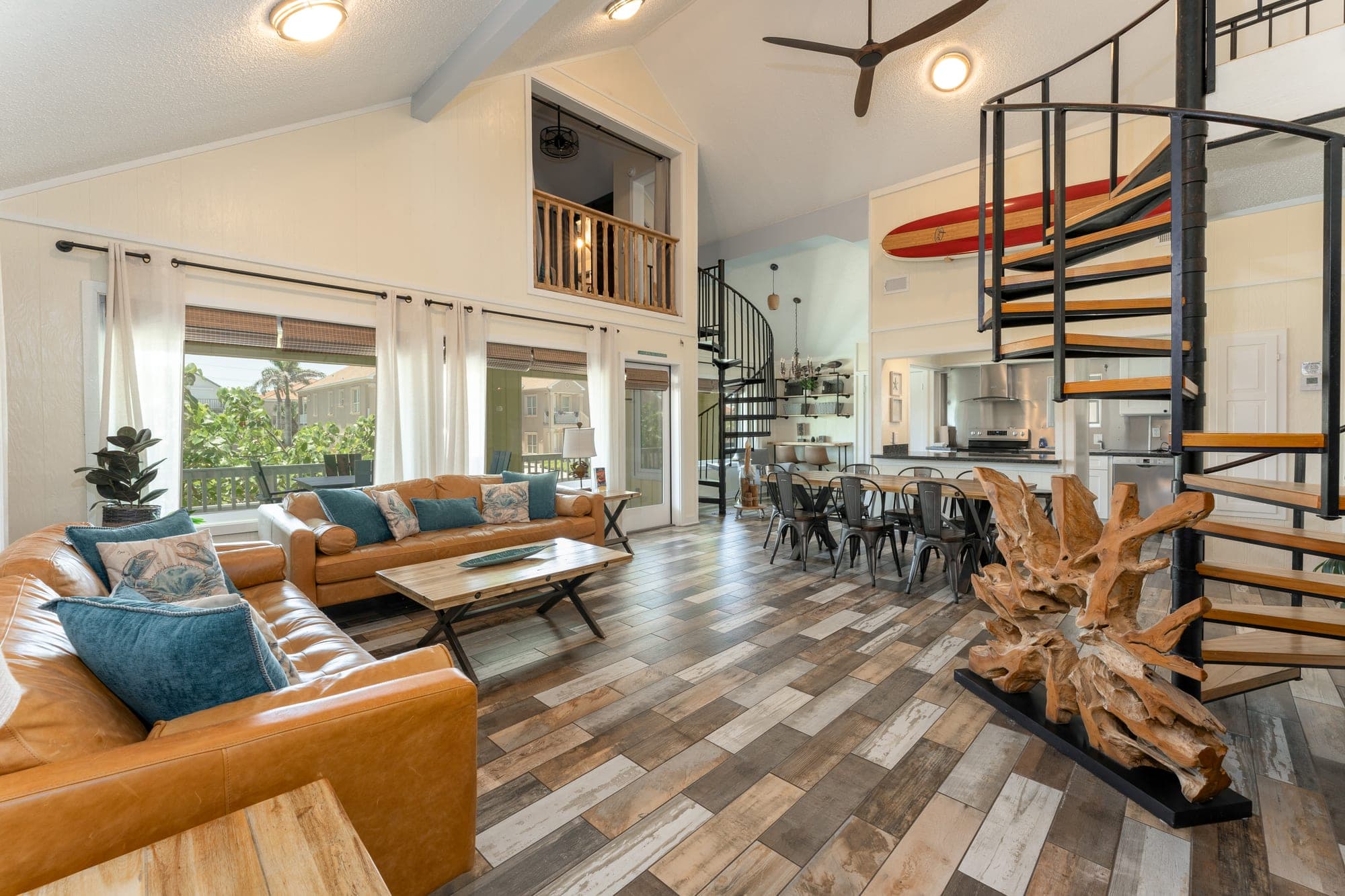 Open living and dining with vaulted ceilings