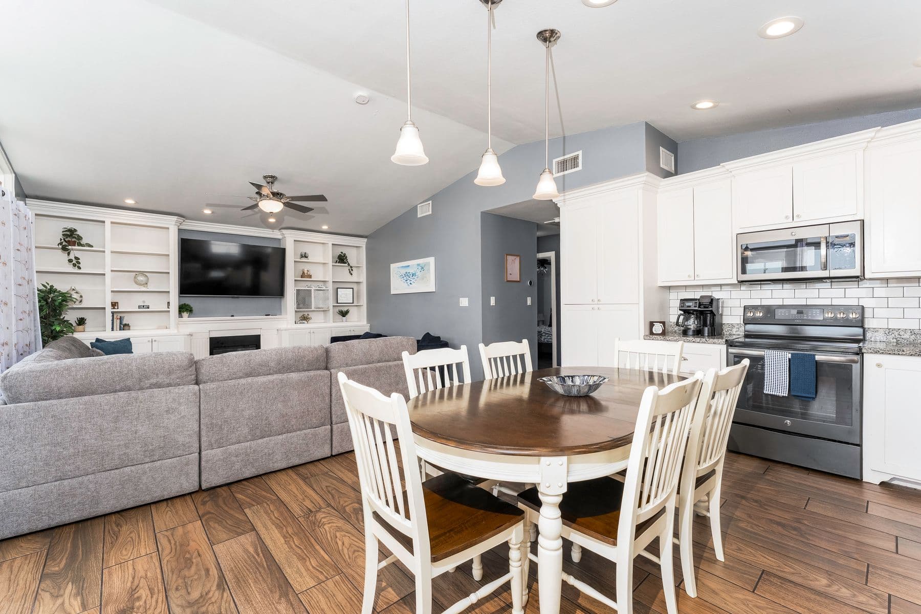 Dining area, kitchen, and living room on the lower level