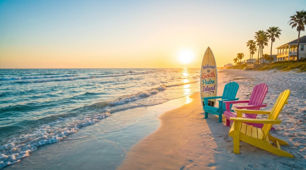Colorful beach chairs and a Welcome to South Padre Island sign at sunset